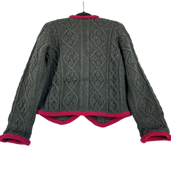 Lands’ End Vintage Shetland Wool Cardigan Green Pink Trim Cable Knit Jacket L - Picture 6 of 7